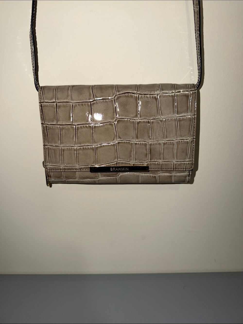 Brahmin Taupe Croc-Embossed Patent Leather Crossbody